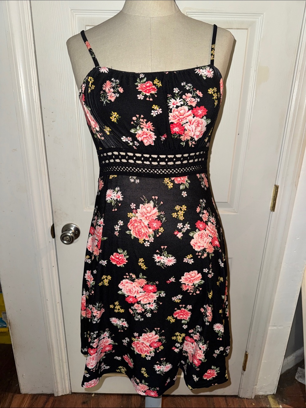 No Boundaries Black Mini Dress with Pink Floral Print